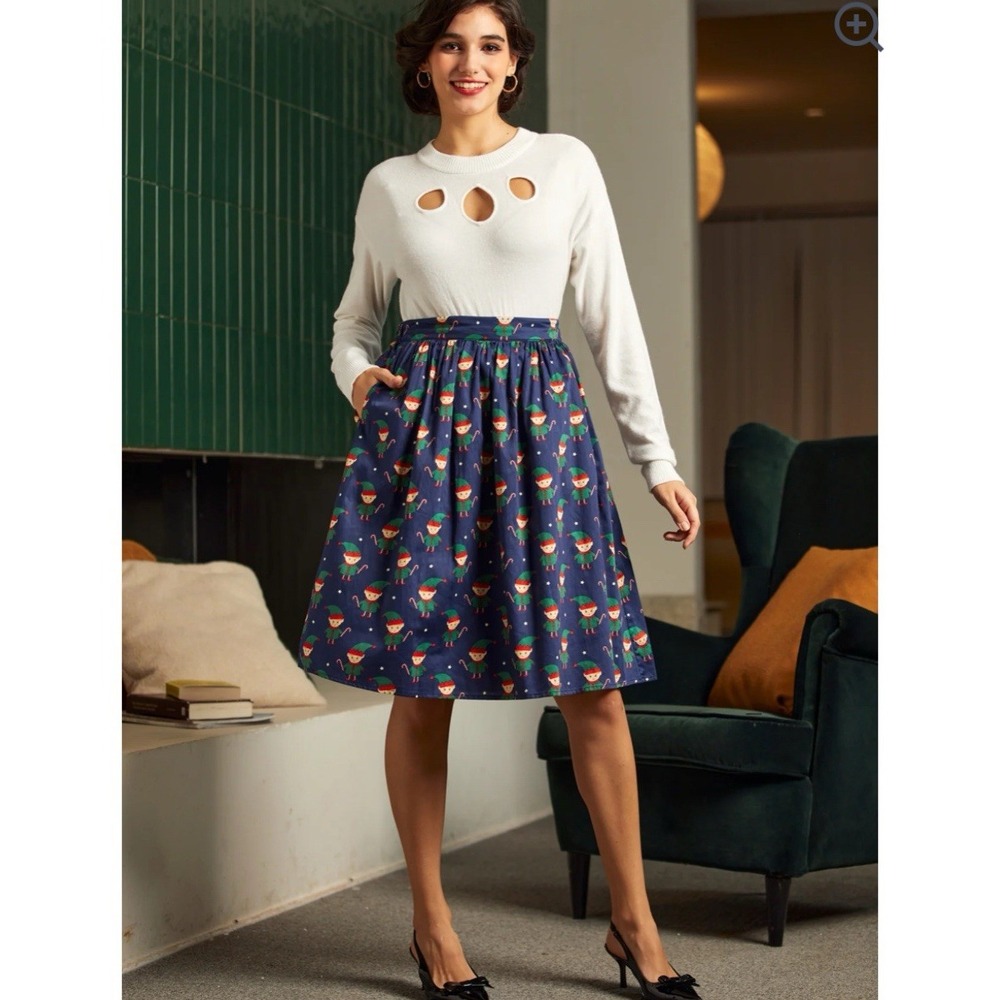 ModCloth Holiday Navy Elf‎ With Candycane Retro Full Skirt Pockets Size Small - Picture 9 of 10